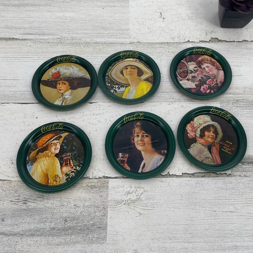 Coka-Cola Vintage Green Tin Coasters Cup Ladies